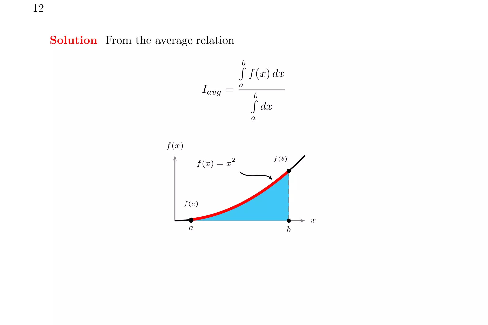 12
Solution From the average relation
Iavg =
b
R
a
f(x) dx
b
R
a
dx
x
f(x)
b
b
f(a)
f(b)
b b
a b
f(x) = x2
 