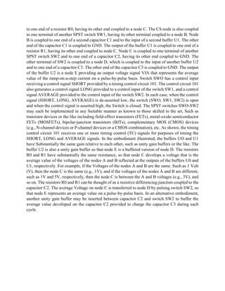 to one end of a resistor R0, having its other end coupled to a node C. The CS node is also coupled
to one terminal of another SPST switch SW1, having its other terminal coupled to a node B. Node
B is coupled to one end of a second capacitor C1 and to the input of a second buffer U1. The other
end of the capacitor C1 is coupled to GND. The output of the buffer U1 is coupled to one end of a
resistor R1, having its other end coupled to node C. Node C is coupled to one terminal of another
SPST switch SW2 and to one end of a capacitor C2, having its other end coupled to GND. The
other terminal of SW2 is coupled to a node D, which is coupled to the input of another buffer U2
and to one end of a capacitor C3. The other end of the capacitor C3 is coupled to GND. The output
of the buffer U2 is a node E providing an output voltage signal VIA that represents the average
value of the ramp-on-a-step current on a pulse-by-pulse basis. Switch SWO has a control input
receiving a control signal SHORT provided by a timing control circuit 101. The control circuit 101
also generates a control signal LONG provided to a control input of the switch SW1, and a control
signal AVERAGE provided to the control input of the switch SW2. In each case, when the control
signal (SHORT, LONG, AVERAGE) is de-asserted low, the switch (SWO, SW1, SW2) is open
and when the control signal is asserted high, the Switch is closed. The SPST switches SWO-SW2
may each be implemented in any Suitable manner as known to those skilled in the art, Such as
transistor devices or the like including field-effect transistors (FETs), metal-oxide-semiconductor
FETs (MOSFETs), bipolar-junction transistors (BJTs), complementary MOS (CMOS) devices
(e.g., N-channel devices or P-channel devices or a CMOS combination), etc. As shown, the timing
control circuit 101 receives one or more timing control (TC) signals for purposes of timing the
SHORT, LONG and AVERAGE signals. In the embodiment illustrated, the buffers UO and U1
have Substantially the same gain relative to each other, such as unity gain buffers or the like. The
buffer U2 is also a unity gain buffer so that node E is a buffered version of node D. The resistors
R0 and R1 have substantially the same resistance, so that node C develops a voltage that is the
average value of the voltages of the nodes A and B reflected at the outputs of the buffers U0 and
U1, respectively. For example, if the Voltages of the nodes A and B are the same. Such as 1 Volt
(V), then the node C is the same (e.g., 1V); and if the voltages of the nodes A and B are different,
such as 1V and 5V, respectively, then the node C is between the A and B voltages (e.g., 3V), and
so on. The resistors R0 and R1 can be thought of as a resistive differencing junction coupled to the
capacitor C2. The average Voltage on node C is transferred to node D by pulsing switch SW2, so
that node E represents an average value on a pulse-by-pulse basis. In an alternative embodiment,
another unity gain buffer may be inserted between capacitor C2 and switch SW2 to buffer the
average value developed on the capacitor C2 provided to charge the capacitor C3 during each
cycle.
 