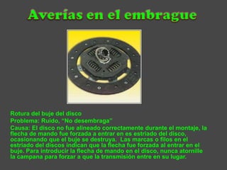 Rotura del buje del disco
Problema: Ruido, “No desembraga”
Causa: El disco no fue alineado correctamente durante el montaje, la
flecha de mando fue forzada a entrar en es estriado del disco,
ocasionando que el buje se destruya. Las marcas o filos en el
estriado del discos indican que la flecha fue forzada al entrar en el
buje. Para introducir la flecha de mando en el disco, nunca atornille
la campana para forzar a que la transmisión entre en su lugar.
 