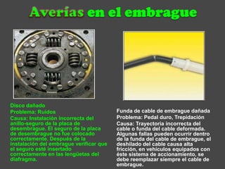 Disco dañado
Problema: Ruidos
Causa: Instalación incorrecta del
anillo-seguro de la placa de
desembrague. El seguro de la placa
de desembrague no fue colocado
correctamente. Después de la
instalación del embrague verificar que
el seguro esté insertado
correctamente en las lengüetas del
diafragma.
Funda de cable de embrague dañada
Problema: Pedal duro, Trepidación
Causa: Trayectoria incorrecta del
cable o funda del cable deformada.
Algunas fallas pueden ocurrir dentro
de la funda del cable de embrague, el
deshilado del cable causa alta
fricción, en vehículos equipados con
éste sistema de accionamiento, se
debe reemplazar siempre el cable de
embrague.
 