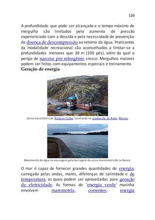 116
A profundidade que pode ser alcançada e o tempo máximo de
mergulho são limitados pelo aumento de pressão
experienciado com a descida e pela necessidade de prevenção
da doença de descompressão ao retorno da água. Praticantes
da modalidade recreacional são aconselhados a limitar-se a
profundidades menores que 30 m (100 pés), além da qual o
perigo de narcose por nitrogênio cresce. Mergulhos maiores
podem ser feitos com equipamentos especiais e treinamento.
Geração de energia
Usina maremotriz de Kislaya Guba, localizada na península de Kola, Rússia.
Movimento da água na passagem pela barragem da usina maremotriz de La Rance.
O mar é capaz de fornecer grandes quantidades de energia,
carregada pelas ondas, marés, diferenças de salinidade e de
temperatura, as quais podem ser aproveitadas para geração
de eletricidade. As formas de 'energia verde' marinha
envolvem maremotriz, correntes, energia
 