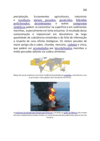 122
precipitação. Escoamentos agriculturais, industriais
e residuais, metais pesados, pesticidas, bifenilos
policlorados, desinfetantes e outros compostos
sintéticos podem se concentrar na superfície e em sedimentos
marinhos, especialmente em lama estuarina. O resultado dessa
contaminação é imprevisível em decorrência da larga
quantidade de substâncias envolvidas e da falta de informação
a respeito de seus efeitos biológicos. Os metais pesados de
maior perigo são o cobre, chumbo, mercúrio, cádmio e zinco,
que podem ser acumulados por invertebrados marinhos e
então passados adiante via cadeia alimentar.
Mapa das zonas oceânicas commaior incidência de poluição porpetróleo, coincidentes com
as principais rotas globais de transporte marítimo.
A explosão da plataforma Deepwater Horizon, em2010, no golfo do México,foi o maior
desastreambientaldos Estados Unidos eo maior derramamentoacidentalde óleono mar da
história.
 
