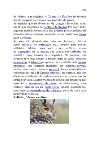 195
de fósforo e nitrogénio. A Guerra do Pacífico foi travada
devido em parte ao controlo dos depósitos de guano.
As espécies que se alimentam de pragas são muitas vezes
usadas em programas de controlo biológico. Por outro lado,
algumas espécies tornaram-se elas próprias pragas agrícolas de
elevado custo económico, enquanto outras constituem riscos
para a aviação.
As aves são domesticadas pelo ser humano, não só
como animais de estimação mas também para efeitos
utilitários. Muitas aves com cores exóticas, como
os papagaios ou as araras, são criadas em cativeiro ou
vendidas como animais de companhia. No entanto, isto
também tem feito crescer o tráfico ilegal de várias espécies
ameaçadas. A falcoaria e a pesca com a assistência de corvos
marinhos são tradições milenares. Os pombos-correio,
usados pelo menos desde o século I, foram essenciais nas
comunicações até à II Guerra Mundial, No entanto, hoje em
dia estas atividades são mais comuns como passatempo ou
atração turística. Existemmilhões de entusiastas amadores que
apreciam a observação de aves, ou birdwatching, uma
vertente significativa do ecoturismo. Muitos proprietários
constroem alimentadores de pássaros perto de casa para
atrair várias espécies.
Religião, folclore e cultura
 