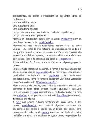 219
Tipicamente, os peixes apresentam os seguintes tipos de
nadadeiras:
uma nadadeira dorsal
uma nadadeira anal;
uma nadadeira caudal;
um par de nadadeiras ventrais (ou nadadeiras pélvicas);
um par de nadadeiras peitorais.
Apenas as nadadeiras pares têm relação evolutiva com os
membros dos restantes vertebrados.
Algumas ou todas estas nadadeiras podem faltar ou estar
unidas - já foi referida atransformação das nadadeiras peitorais
dos góbios num disco adesivo – mas as uniões mais comuns são
entre as nadadeiras ímpares, como a dorsal com a caudal e anal
com caudal (caso de algumas espécies de linguados).
As nadadeiras têm formas e cores típicas em alguns grupos de
peixes.
Para além da coloração do corpo, a forma e cor das nadadeiras
sãodecisivas para os aquaristas, de tal forma que chegamaser
produzidas variedades de espécies com nadadeiras
espectaculares, como o famoso cauda-de-véu, uma variedade
do peixinho-dourado (Carassius auratus).
Alguns grupos de peixes, para além da nadadeira dorsal com
espinhos e raios (que podem estar separadas), possuem
uma nadadeira adiposa, normalmente perto da caudal. É o caso
dos salmões e dos peixes da família do bacalhau (Gadídeos).
Escamas ou placas
A pele dos peixes é fundamentalmente semelhante à dos
outros vertebrados, mas possui algumas características
específicas dos animais aquáticos. O corpo dos peixes está
normalmente coberto de muco que, por um lado diminui a
resistência da água ao movimento e, por outro, os protege dos
 