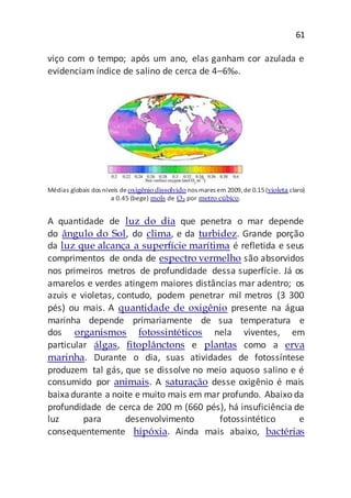 61
viço com o tempo; após um ano, elas ganham cor azulada e
evidenciam índice de salino de cerca de 4–6‰.
Médias globais dos níveis de oxigênio dissolvido nos mares em 2009,de 0.15(violeta claro)
a 0.45 (bege) mols de O₂ por metro cúbico.
A quantidade de luz do dia que penetra o mar depende
do ângulo do Sol, do clima, e da turbidez. Grande porção
da luz que alcança a superfície marítima é refletida e seus
comprimentos de onda de espectro vermelho são absorvidos
nos primeiros metros de profundidade dessa superfície. Já os
amarelos e verdes atingem maiores distâncias mar adentro; os
azuis e violetas, contudo, podem penetrar mil metros (3 300
pés) ou mais. A quantidade de oxigênio presente na água
marinha depende primariamente de sua temperatura e
dos organismos fotossintéticos nela viventes, em
particular álgas, fitoplânctons e plantas como a erva
marinha. Durante o dia, suas atividades de fotossíntese
produzem tal gás, que se dissolve no meio aquoso salino e é
consumido por animais. A saturação desse oxigênio é mais
baixadurante a noite e muito mais em mar profundo. Abaixo da
profundidade de cerca de 200 m (660 pés), há insuficiência de
luz para desenvolvimento fotossintético e
consequentemente hipóxia. Ainda mais abaixo, bactérias
 