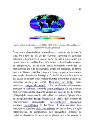 82
Médias globais de clorofila a, entre 1998 e 2006, de 0.03 (violeta) a 30 mg chl por m³
(marrom) em escala logarítmica.
Os oceanos são o habitat de um diverso conjunto de formas de
vida. Pelo fato da luz do Sol iluminar somente as camadas
marítimas superiores, a maior parte dessas águas existe em
permanente escuridão. Com diferentes profundidades e zonas
de temperatura, essas duas áreas fornecem condições de
manutenção de vida para grupos únicos de espécies, de forma
que o ambiente marinho como um todo comporta uma cadeia
imensa de diversidade biológica. Os habitats marinhos variam
das águas de superfícieàs mais profundas trincheiras oceânicas,
incluindo recifes de coral, florestas de kelp, ervas
marinhas, poças de maré, solos oceânicos enlameados,
arenosos e rochosos, além da zona pelágica. Os organismos
característicos desses lugares variam de baleias de 30 metros
(100 pés) de comprimento a fitoplânctons microscópicos, além
de zooplânctons, fungi, bacterias e vírus, que incluem os
recentemente descobertos bacteriófagos marinhos,
viventes parasitários de bactérias. A vida marinha tem
importante papel no ciclo do carbono em decorrência da ação
fotossintética de organismos que convertem dióxido de
carbono dissolvido em carbono orgânico, além de serem de
 