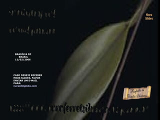 Nura Slides Formatação by nur@ [email_address] http://www.nuraferretsilveira.hpg.com.br CASO DESEJE RECEBER MEUS SLIDES, FAVOR ENVIAR UM E-MAIL PARA: nurasil @globo.com BRASÍLIA DF BRASIL 11/02/2006 