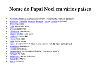 Nome do Papai Noel em vários paísesAlemanha: Nikolaus (ouWeihnachtsmann - literalmente, "homem do Natal") Argentina, Colômbia, Espanha, Paraguai , Peru e Uruguai: Papá Noel Brasil: Papai Noel Chile: ViejitoPascueroCroácia: DjedMrazDinamarca: JulemandenEstadosUnidos: Santa Claus Finlândia: JoulupukkiFrança: Père Noël Itália: BabboNataleJapão: サンタクロース (lê-se "Santa kurosu" vem do inglês Santa Claus.) Macedônia: DedoMrazMéxico: Santa Claus PaísesBaixos: Kerstman (literalmente, "homem do Natal") Portugal: Pai Natal ReinoUnido: Father Christmas Rússia: DedMorozSuécia: Jultomte