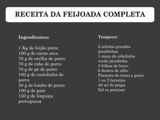 RECEITA DA FEIJOADA COMPLETA
Ingredientes:
1 Kg de feijão preto
100 g de carne seca
70 g de orelha de porco
70 g de rabo de porco
70 g de pé de porco
100 g de costelinha de
porco
50 g de lombo de porco
100 g de paio
150 g de linguiça
portuguesa
Tempero:
2 cebolas grandes
picadinhas
1 maço de cebolinha
verde picadinha
3 folhas de louro
6 dentes de alho
Pimenta do reino a gosto
1 ou 2 laranjas
40 ml de pinga
Sal se precisar
 