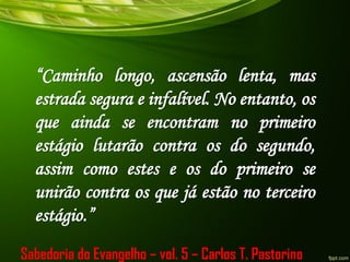 “Caminho longo, ascensão lenta, mas
estrada segura e infalível. No entanto, os
que ainda se encontram no primeiro
estágio lutarão contra os do segundo,
assim como estes e os do primeiro se
unirão contra os que já estão no terceiro
estágio.”
Sabedoria do Evangelho – vol. 5 – Carlos T. Pastorino
 