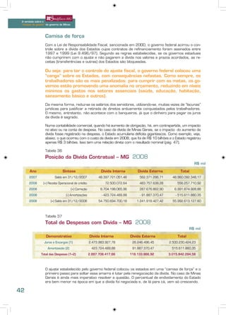 A verdade sobre o
 “choque de gestão” do governo de Minas




                   Camisa de força
                   Com a Lei de Responsabilidade Fiscal, sancionada em 2000, o governo federal acirrou o con-
                   trole sobre a dívida dos Estados cujos contratos de refinanciamento foram assinados entre
                   1997 e 1999 (Lei 9.496/97). Segundo as regras estabelecidas, se os governos estaduais
                   não cumprirem com o ajuste e não pagarem a dívida nos valores e prazos acordados, as re-
                   ceitas (transferências e outras) dos Estados são bloqueadas.

                   Ou seja: para ter o controle do ajuste fiscal, o governo federal colocou uma
                   “canga” sobre os Estados, com consequências nefastas. Como sempre, os
                   trabalhadores são os mais penalizados: para cumprir com as metas, os go-
                   vernos estão promovendo uma anomalia no orçamento, reduzindo em níveis
                   mínimos os gastos nos setores essenciais (saúde, educação, habitação,
                   saneamento básico e outros).

                   Da mesma forma, reduz-se os salários dos servidores, utilizando-se, muitas vezes de “lacunas”
                   jurídicas para justificar a retirada de direitos arduamente conquistados pelos trabalhadores.
                   O mesmo, entretanto, não acontece com o banqueiros, já que o dinheiro para pagar os juros
                   da dívida é sagrado.

                   Numa contabilidade comercial, quando há aumento de obrigação, há, em contrapartida, um impacto
                   no ativo ou na conta de despesa. No caso da dívida de Minas Gerais, se o impacto do aumento da
                   dívida fosse registrado na despesa, o Estado acumularia déficits gigantescos. Como exemplo, veja,
                   abaixo, o que ocorreu com o custo da dívida em 2008, que foi de R$ 10 bilhões e o Estado registrou
                   apenas R$ 3 bilhões. Isso tem uma relação direta com o resultado nominal (pág. 47).

                   Tabela 36
                   Posição da Dívida Contratual – MG 2008
                                                                                                                         R$ mil

       Ano                      Síntese                         Dívida Interna         Dívida Externa            Total
      2007                Saldo em 31/12/2007                  48.397.721.051,46        562.371.296,71      48.960.092.348,17
      2008       (+) Receita Operacional de crédito                72.500.072,64        483.757.638,28         556.257.710,92
      2008                                (+) Correção          6.704.198.065,96        287.676.862,90       6.991.874.928,86
      2008                         (-) Amortizações             - 423.724.489,88        - 91.887.370,47       - 515.611.880,35
      2008             (=) Saldo em 31/12/2008                 54.750.694.700,18       1.241.918.427,42     55.992.613.127,60



                   Tabela 37
                   Total de Despesas com Dívida – MG 2008
                                                                                                                       R$ mil

                   Demonstrativo                         Dívida Interna            Dívida Externa              Total
                  Juros e Encargos (1)                   2.473.983.927,78           26.246.496,45         2.500.230.424,23
                     Amortização (2)                       423.724.489,88           91.887.370,47           515.611.860,35
                Total das Despesas (1+2)                 2.897.708.417,66          118.133.866,92         3.015.842.284,58



                   O ajuste estabelecido pelo governo federal colocou os estados em uma “camisa de força” e o
                   primeiro passo para soltar essa amarra é lutar pela renegociação da dívida. No caso de Minas
                   Gerais é ainda mais imperativo resolver a questão. O percentual de endividamento do Estado
                   era bem menor na época em que a dívida foi negociada e, de lá para cá, vem só crescendo.

42
 