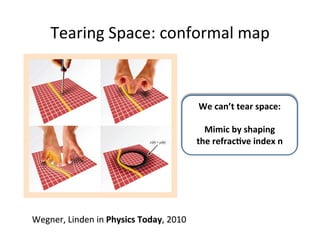 Tearing	
  Space:	
  conformal	
  map	
  
Wegner,	
  Linden	
  in	
  Physics	
  Today,	
  2010	
  
We	
  can’t	
  tear	
  space:	
  
	
  
Mimic	
  by	
  shaping	
  
the	
  refrac2ve	
  index	
  n	
  
	
  
 