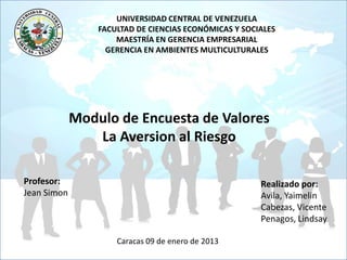 UNIVERSIDAD CENTRAL DE VENEZUELA
                 FACULTAD DE CIENCIAS ECONÓMICAS Y SOCIALES
                     MAESTRÍA EN GERENCIA EMPRESARIAL
                   GERENCIA EN AMBIENTES MULTICULTURALES




             Modulo de Encuesta de Valores
                La Aversion al Riesgo

Profesor:                                              Realizado por:
Jean Simon                                             Avila, Yaimelin
                                                       Cabezas, Vicente
                                                       Penagos, Lindsay

                     Caracas 09 de enero de 2013
 