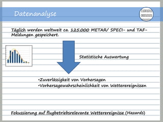 Datenanalyse
•Zuverlässigkeit von Vorhersagen
•Vorhersagewahrscheinlichkeit von Wetterereignissen
Fokussierung auf flugbetriebsrelevante Wetterereignisse (Hazards)
Täglich werden weltweit ca. 125.000 METAR/ SPECI- und TAF-
Meldungen gespeichert.
Statistische Auswertung
 