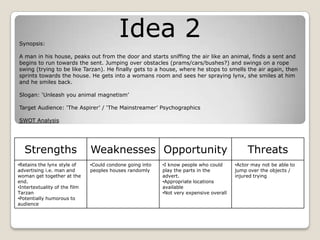 Idea 2Synopsis:
A man in his house, peaks out from the door and starts sniffing the air like an animal, finds a sent and
begins to run towards the sent. Jumping over obstacles (prams/cars/bushes?) and swings on a rope
swing (trying to be like Tarzan). He finally gets to a house, where he stops to smells the air again, then
sprints towards the house. He gets into a womans room and sees her spraying lynx, she smiles at him
and he smiles back.
Slogan: ‘Unleash you animal magnetism’
Target Audience: ‘The Aspirer’ / ‘The Mainstreamer’ Psychographics
SWOT Analysis
Strengths Weaknesses Opportunity Threats
•Retains the lynx style of
advertising i.e. man and
woman get together at the
end.
•Intertextuality of the film
Tarzan
•Potentially humorous to
audience
•Could condone going into
peoples houses randomly
•I know people who could
play the parts in the
advert.
•Appropriate locations
available
•Not very expensive overall
•Actor may not be able to
jump over the objects /
injured trying
 