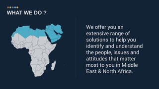 ……………………………………..……………………………………………………………
WHAT WE DO ?
We offer you an
extensive range of
solutions to help you
identify and understand
the people, issues and
attitudes that matter
most to you in Middle
East & North Africa.
 