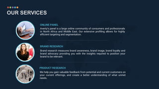 OUR SERVICES
Averty's panel is a large online community of consumers and professionals
in North Africa and Middle East. Our extensive profiling allows for highly
efficient targeting and segmentation.
Brand research measures brand awareness, brand image, brand loyalty and
brand advocacy providing you with the insights required to position your
brand to be relevant.
We help you gain valuable feedback from potential and current customers on
your current offerings, and create a better understanding of what unmet
needs.
ONLINE PANEL
BRAND RESEARCH
PRODUCT RESEARCH
……………………………………..……………………………………………………………
……………………………………..……………………………………………………………
 