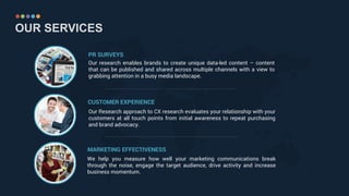 OUR SERVICES
Our research enables brands to create unique data-led content – content
that can be published and shared across multiple channels with a view to
grabbing attention in a busy media landscape.
Our Research approach to CX research evaluates your relationship with your
customers at all touch points from initial awareness to repeat purchasing
and brand advocacy.
We help you measure how well your marketing communications break
through the noise, engage the target audience, drive activity and increase
business momentum.
PR SURVEYS
CUSTOMER EXPERIENCE
MARKETING EFFECTIVENESS
……………………………………..……………………………………………………………
……………………………………..……………………………………………………………
 