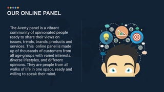 ……………………………………..……………………………………………………………
OUR ONLINE PANEL
The Averty panel is a vibrant
community of opinionated people
ready to share their views on
issues, trends, brands, products and
services. This online panel is made
up of thousands of customers from
all age-groups with varied interests,
diverse lifestyles, and different
opinions. They are people from all
walks of life in one space, ready and
willing to speak their mind.
 