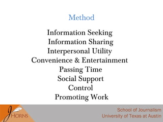 Method
Information Seeking
Information Sharing
Interpersonal Utility
Convenience & Entertainment
Passing Time
Social Support
Control
Promoting Work
 