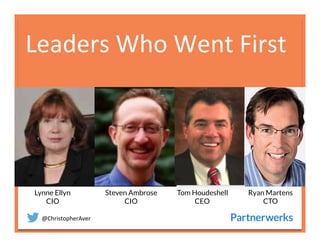 @ChristopherAver	
  
Leaders	
  Who	
  Went	
  First	
  
Lynne Ellyn
CIO
Steven Ambrose
CIO
Tom Houdeshell
CEO
Ryan Martens
CTO
 
