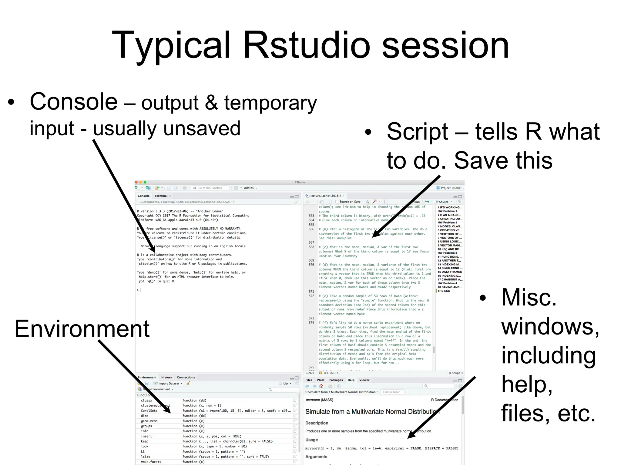 Typical Rstudio session
• Console – output & temporary
input - usually unsaved • Script – tells R what
to do. Save this
Environment
• Misc.
windows,
including
help,
files, etc.
 