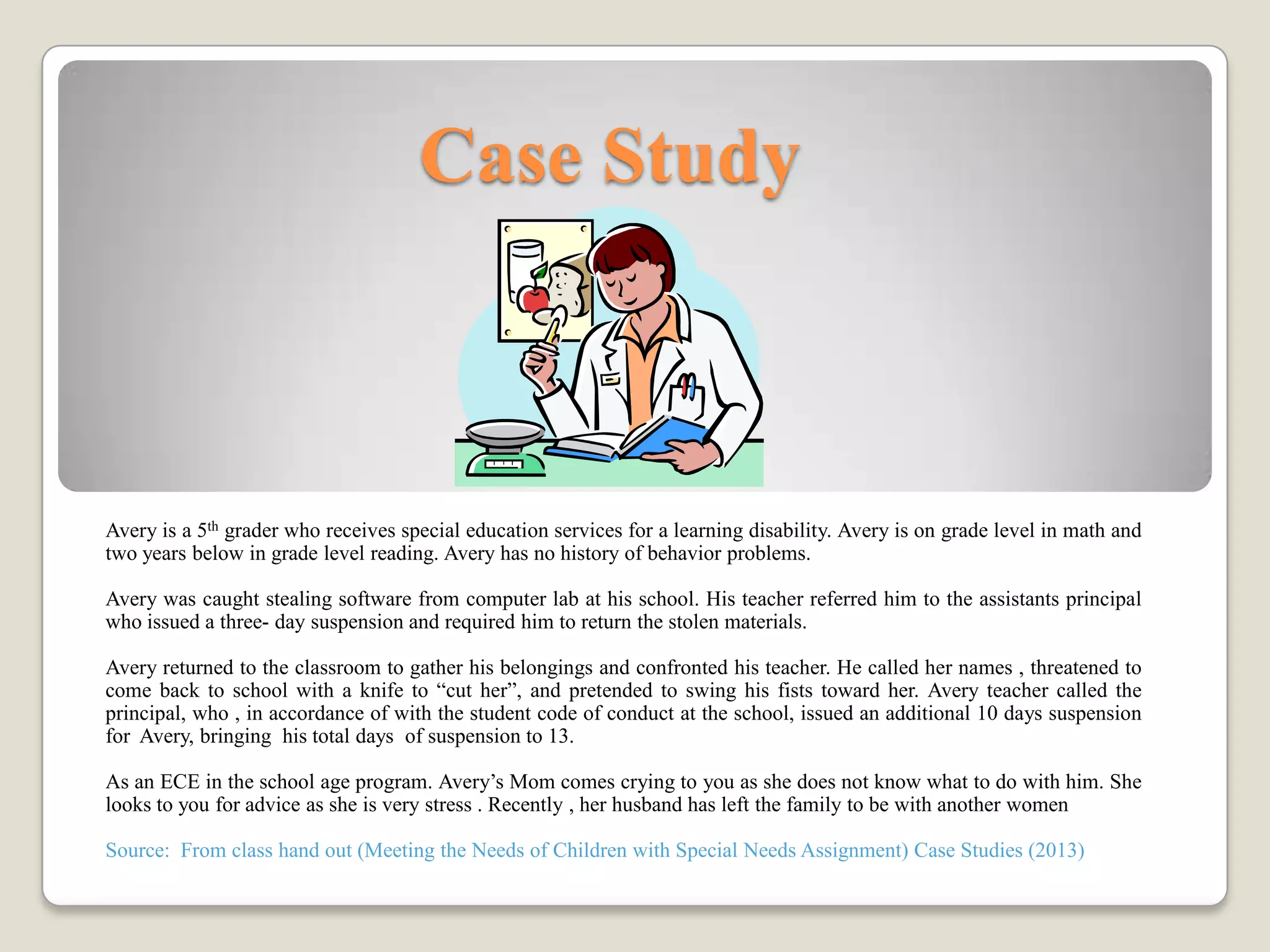 Case Study



Avery is a 5th grader who receives special education services for a learning disability. Avery is on grade level in math and
two years below in grade level reading. Avery has no history of behavior problems.

Avery was caught stealing software from computer lab at his school. His teacher referred him to the assistants principal
who issued a three- day suspension and required him to return the stolen materials.

Avery returned to the classroom to gather his belongings and confronted his teacher. He called her names , threatened to
come back to school with a knife to “cut her”, and pretended to swing his fists toward her. Avery teacher called the
principal, who , in accordance of with the student code of conduct at the school, issued an additional 10 days suspension
for Avery, bringing his total days of suspension to 13.

As an ECE in the school age program. Avery’s Mom comes crying to you as she does not know what to do with him. She
looks to you for advice as she is very stress . Recently , her husband has left the family to be with another women

Source: From class hand out (Meeting the Needs of Children with Special Needs Assignment) Case Studies (2013)
 