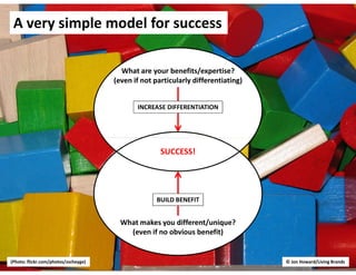 A very simple model for success

                                        What are your benefits/expertise?
                                      (even if not particularly differentiating)


                                             INCREASE DIFFERENTIATION




                                                     SUCCESS!




                                                    BUILD BENEFIT


                                        What makes you different/unique?
                                          (even if no obvious benefit)


(Photo: flickr.com/photos/zscheyge)                                                © Jon Howard/Living Brands
 