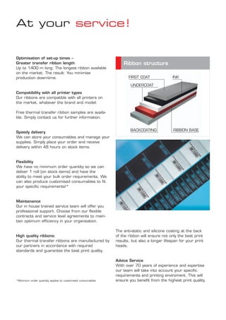 At your service!


Optimisation of set-up times –
Greater transfer ribbon length                                  Ribbon structure
Up to 1400 m long: The longest ribbon available
on the market. The result: You minimise
production down-time.                                              FIRST COAT               INK

                                                                    UNDERCOAT
Compatibility with all printer types
Our ribbons are compatible with all printers on
the market, whatever the brand and model.

Free thermal transfer ribbon samples are availa-
ble. Simply contact us for further information.


                                                                    BACKCOATING             RIBBON BASE
Speedy delivery
We can store your consumables and manage your
supplies. Simply place your order and receive
delivery within 48 hours on stock items.


Flexibility
We have no minimum order quantity so we can
deliver 1 roll (on stock items) and have the
ability to meet your bulk order requirements. We
can also produce customised consumables to fit
your specific requirements!*


Maintenance
Our in house trained service team will offer you
professional support. Choose from our flexible
contracts and service level agreements to main-
tain optimum efficiency in your organisation.

                                                            The anti-static and silicone coating at the back
High quality ribbons:                                       of the ribbon will ensure not only the best print
Our thermal transfer ribbons are manufactured by            results, but also a longer lifespan for your print
our partners in accordance with required                    heads.
standards and guarantee the best print quality.

                                                            Advice Service
                                                            With over 70 years of experience and expertise
                                                            our team will take into account your specific
                                                            requirements and printing enviroment. This will
*Minimum order quantity applies to customised consumables   ensure you benefit from the highest print quality.
 