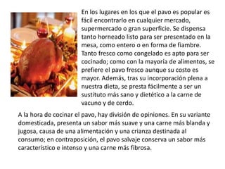 En los lugares en los que el pavo es popular es fácil encontrarlo en cualquier mercado, supermercado o gran superficie. Se dispensa tanto horneado listo para ser presentado en la mesa, como entero o en forma de fiambre. Tanto fresco como congelado es apto para ser cocinado; como con la mayoría de alimentos, se prefiere el pavo fresco aunque su costo es mayor. Además, tras su incorporación plena a nuestra dieta, se presta fácilmente a ser un sustituto más sano y dietético a la carne de vacuno y de cerdo. A la hora de cocinar el pavo, hay división de opiniones. En su variante domesticada, presenta un sabor más suave y una carne más blanda y jugosa, causa de una alimentación y una crianza destinada al consumo; en contraposición, el pavo salvaje conserva un sabor más característico e intenso y una carne más fibrosa.