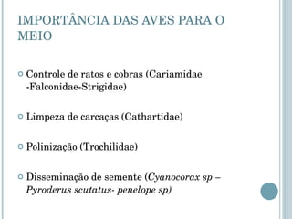 IMPORTÂNCIA DAS AVES PARA O MEIO Controle de ratos e cobras (Cariamidae -Falconidae-Strigidae) Limpeza de carcaças (Cathartidae) Polinização (Trochilidae) Disseminação de semente ( Cyanocorax sp – Pyroderus scutatus- penelope sp) 