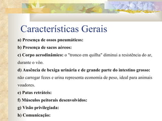Características Gerais a) Presença de ossos pneumáticos:    b) Presença de sacos aéreos:    c) Corpo aerodinâmico:  o "tronco em quilha" diminui a resistência do ar, durante o vôo. d) Ausência de bexiga urinária e de grande parte do intestino grosso:  não carregar fezes e urina representa economia de peso, ideal para animais voadores. e) Patas retráteis:   f) Músculos peitorais desenvolvidos:    g) Visão privilegiada:   h) Comunicação:   
