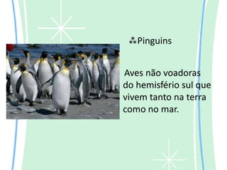 Pinguins


Aves não voadoras
do hemisfério sul que
vivem tanto na terra
como no mar.
 