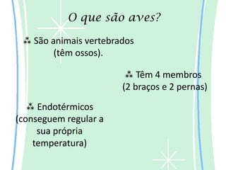 O que são aves?
  São animais vertebrados
        (têm ossos).

                         Têm 4 membros
                       (2 braços e 2 pernas)
    Endotérmicos
(conseguem regular a
     sua própria
    temperatura)
 