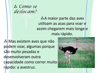  Como se
     deslocam?
                   A maior parte das aves
                  utilizam as asas para voar e
                 assim chegarem mais longe e
                          mais rápido.
 Mas existem aves que não
podem voar, algumas porque
são muito pesadas e
desenvolveram outra
capacidade como correr muito
rápido: a avestruz.
 