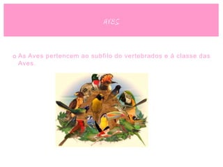 AVES


o As Aves pertencem ao subfilo do vertebrados e á classe das
  Aves.
 