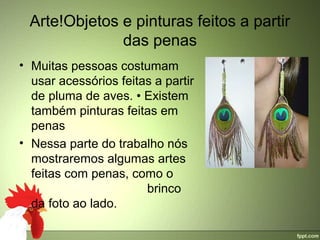 Arte!Objetos e pinturas feitos a partir 
               das penas
• Muitas pessoas costumam 
  usar acessórios feitas a partir 
  de pluma de aves. • Existem 
  também pinturas feitas em 
  penas
• Nessa parte do trabalho nós 
  mostraremos algumas artes 
  feitas com penas, como o       
                            brinco 
  da foto ao lado.
 