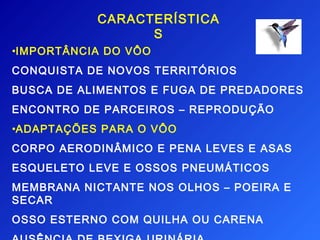 CARACTERÍSTICA
                 S
•IMPORTÂNCIA DO VÔO
CONQUISTA DE NOVOS TERRITÓRIOS
BUSCA DE ALIMENTOS E FUGA DE PREDADORES
ENCONTRO DE PARCEIROS – REPRODUÇÃO
•ADAPTAÇÕES PARA O VÔO
CORPO AERODINÂMICO E PENA LEVES E ASAS
ESQUELETO LEVE E OSSOS PNEUMÁTICOS
MEMBRANA NICTANTE NOS OLHOS – POEIRA E
SECAR
OSSO ESTERNO COM QUILHA OU CARENA
 
