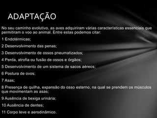 ADAPTAÇÃO
No seu caminho evolutivo, as aves adquiriram várias características essenciais que
permitiram o voo ao animal. Entre estas podemos citar:
1 Endotérmicas;
2 Desenvolvimento das penas;
3 Desenvolvimento de ossos pneumatizados;
4 Perda, atrofia ou fusão de ossos e órgãos;
5 Desenvolvimento de um sistema de sacos aéreos;
6 Postura de ovos;
7 Asas;
8 Presença de quilha, expansão do osso esterno, na qual se prendem os músculos
que movimentam as asas;
9 Ausência de bexiga urinária;
10 Ausência de dentes;
11 Corpo leve e aerodinâmico.

 