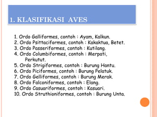 1. KLASIFIKASI AVES
1. Ordo Galliformes, contoh : Ayam, Kalkun.
2. Ordo Psittaciformes, contoh : Kakaktua, Betet.
3. Ordo Passeriformes, contoh : Kutilang.
4. Ordo Columbiformes, contoh : Merpati,
Perkutut.
5. Ordo Strigiformes, contoh : Burung Hantu.
6. Ordo Piciformes, contoh : Burung Pelatuk.
7. Ordo Gelliformes, contoh : Burung Merak.
8. Ordo Falconiformes, contoh : Elang.
9. Ordo Casuariformes, contoh : Kasuari.
10. Ordo Struthioniformes, contoh : Burung Unta.
 