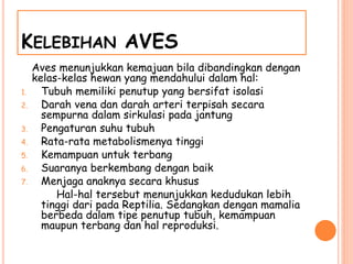 KELEBIHAN AVES
Aves menunjukkan kemajuan bila dibandingkan dengan
kelas-kelas hewan yang mendahului dalam hal:
1. Tubuh memiliki penutup yang bersifat isolasi
2. Darah vena dan darah arteri terpisah secara
sempurna dalam sirkulasi pada jantung
3. Pengaturan suhu tubuh
4. Rata-rata metabolismenya tinggi
5. Kemampuan untuk terbang
6. Suaranya berkembang dengan baik
7. Menjaga anaknya secara khusus
Hal-hal tersebut menunjukkan kedudukan lebih
tinggi dari pada Reptilia. Sedangkan dengan mamalia
berbeda dalam tipe penutup tubuh, kemampuan
maupun terbang dan hal reproduksi.
 