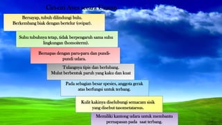 Ciri-ciri Aves secara Umum
Bersayap, tubuh dilindungi bulu.
Berkembang biak dengan bertelur (ovipar).
Suhu tubuhnya tetap, tidak berpengaruh sama suhu
lingkungan (homoiterm).
Bernapas dengan paru-paru dan pundi-
pundi udara.
Tulangnya tipis dan berlubang.
Mulut berbentuk paruh yang kaku dan kuat
Pada sebagian besar spesies, anggota gerak
atas berfungsi untuk terbang.
Kulit kakinya diselubungi semacam sisik
yang disebut tasometatarsus.
Memiliki kantong udara untuk membantu
pernapasan pada saat terbang.
 
