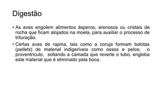 Digestão
• As aves engolem alimentos ásperos, arenosos ou cristais de
rocha que ficam alojados na moela, para auxiliar o processo de
trituração.
• Certas aves de rapina, tais como a coruja formam bolotas
(pellets) de material indigeríveis como ossos e pelos; o
proventrículo, soltando a camada que reverte o tubo, engloba
este material que é eliminado pela boca.
 