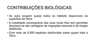 CONTRIBUIÇÕES BIOLÓGICAS
• As aves ocupam quase todos os hábitats disponíveis na
superfície da Terra;
• A mobilidade incomparável das aves muito lhes tem permitido
favorecer-se das vantagens de migrações sazonais e de longas
distâncias.
• Com mais de 9.000 espécies distribuídas sobre quase toda a
Terra.
 