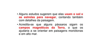 • Alguns estudos sugerem que elas usam o sol e
as estrelas para navegar, contando também
com detalhes da paisagem.
• Acredita-se que alguns pássaros sigam os
campos magnéticos da Terra, o que os
ajudaria a se orientar em paisagens monótonas
e em alto mar.
 