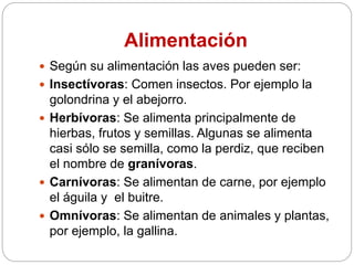 Alimentación
 Según su alimentación las aves pueden ser:
 Insectívoras: Comen insectos. Por ejemplo la
golondrina y el abejorro.
 Herbívoras: Se alimenta principalmente de
hierbas, frutos y semillas. Algunas se alimenta
casi sólo se semilla, como la perdiz, que reciben
el nombre de granívoras.
 Carnívoras: Se alimentan de carne, por ejemplo
el águila y el buitre.
 Omnívoras: Se alimentan de animales y plantas,
por ejemplo, la gallina.
 