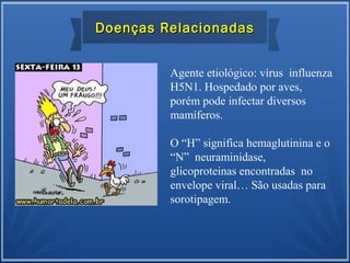 Agente etiológico: vírus influenza
H5N1. Hospedado por aves,
porém pode infectar diversos
mamíferos.
O “H” significa hemaglutinina e o
“N” neuraminidase,
glicoproteinas encontradas no
envelope viral… São usadas para
sorotipagem.
Doenças RelacionadasDoenças Relacionadas
 