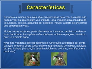 CaracterísticasCaracterísticas
Enquanto a maioria das aves são caracterizadas pelo voo, as ratitas não
podem voar ou apresentam voo limitado, uma característica considerada
secundária, ou seja, adquirida por espécies "novas" a partir de ancestrais
que conseguiam voar.
Muitas outras espécies, particularmente as insulares, também perderam
essa habilidade. As espécies não-voadoras incluem o pinguim, avestruz,
quivi, e o extinto dodo.
Aves não-voadoras são especialmente vulneráveis à extinção por conta
da ação antrópica direta (destruição e fragmentação do habitat, poluição
etc.) ou indireta (introdução de animais/plantas exóticas, mamíferos em
particular).
 
