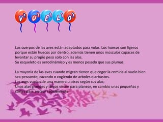 Los cuerpos de las aves están adaptados para volar. Los huesos son ligeros
porque están huecos por dentro, además tienen unos músculos capaces de
levantar su propio peso solo con las alas.
Su esqueleto es aerodinámico y es menos pesado que sus plumas.
La mayoría de las aves cuando migran tienen que coger la comida al vuelo bien
sea pescando, cazando o cogiendo de arboles o arbustos.
Las aves vuelan de una manera u otras según sus alas;
Unas alas grandes y largas sirven para planear, en cambio unas pequeñas y
cortas para aletear rápidamente.
 