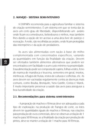 VIICIRCUITODETECNOLOGIASADAPTADASPARAAAGRICULTURAFAMILIARSISTEMADEPRODUÇÃODEAVESCAIPIRA
10
2. MANEJO - SISTEMA SEMI-INTENSIVO
A EMPARN recomenda para a agricultura familiar o sistema
de criação semi-intensivo. É um sistema em que se tenta dar às
aves um certo grau de liberdade, disponibilizando um aviário
onde ﬁcam os comedouros, bebedouros e ninhos, mas também
lhes dando a opção de ter acesso a uma área livre de pastejo e
recreação. À noite, são recolhidas ao aviário, onde ﬁcam protegidas
das intempéries e da ação de predadores.
As aves são alimentadas com ração à base de milho
complementada com concentrados específicos, variando
as quantidades em função da ﬁnalidade da criação. Devem
ser ofertados também alimentos alternativos que podem ser
encontrados com facilidade e a um custo mínimo na propriedade.
Essa alimentação pode ser composta de capins, folhas verdes, feno
de maniva de mandioca e leucena, sementes em geral, insetos,
minhocas, refugos de frutas, restos de culturas e colheitas, etc. As
aves devem ser vacinadas regularmente contra as doenças mais
comuns, como Bouba, Bronquite, New Casttle, Coriza e Marek.
É muito importante preservar a saúde das aves para assegurar a
boa lucratividade da criação.
2.1. Recomendações para sistema semi-intensivo
- A proporção de machos e fêmeas deve ser adequada a cada
tipo de exploração: na produção de frangos de corte, os lotes
devem ter quantidades iguais de machos e fêmeas; nas criações
para produção de ovos comerciais, deve-se observar a relação de 1
macho para 50 fêmeas; se a ﬁnalidade da criação por produção de
pintos, deve-se manter a relação de 1 macho para 10 fêmeas.
 